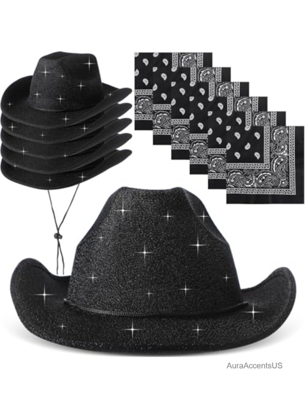 Sparkly Cowboy Hat and Bandana Set - 12 Pc Western Party Costume Accessories